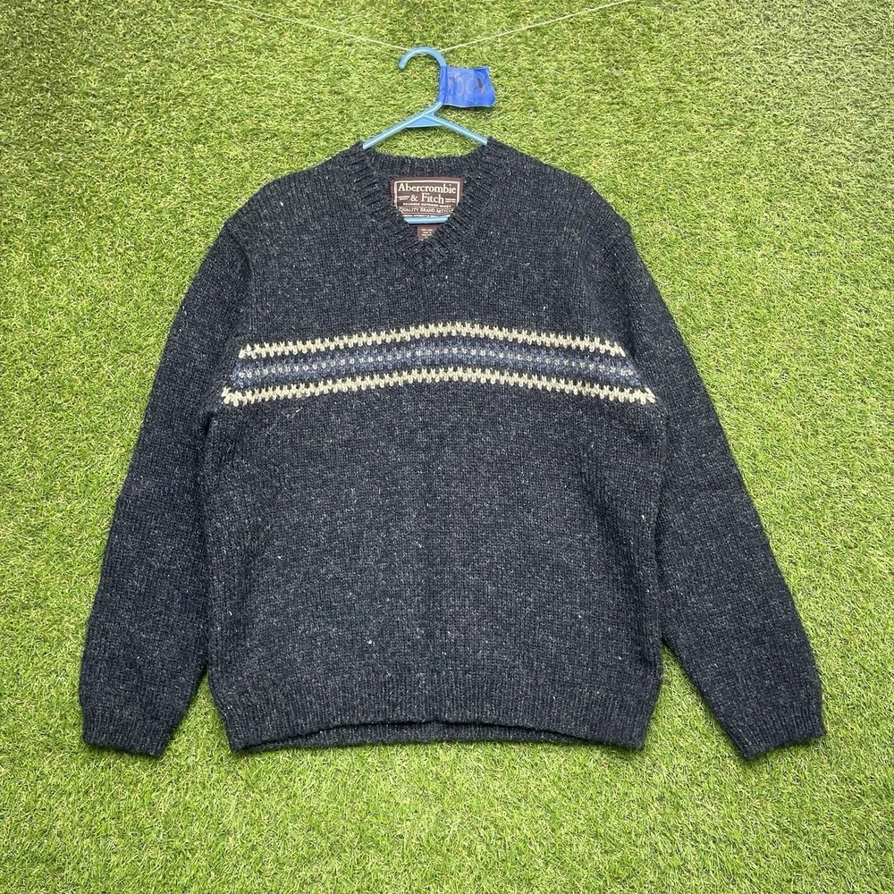 Vintage Abercrombie & Fitch Wool Sweater Mens XL Heavyweight Knit Stripe V Neck
